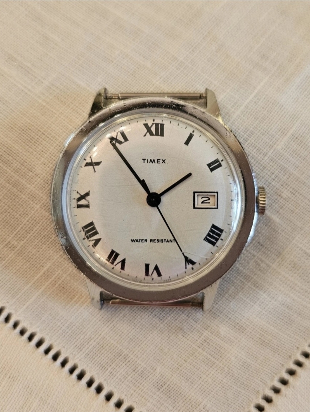 Vintage 73 Timex Marlin Watch Unique Iridescent White Dial Silver Case 34mm Date